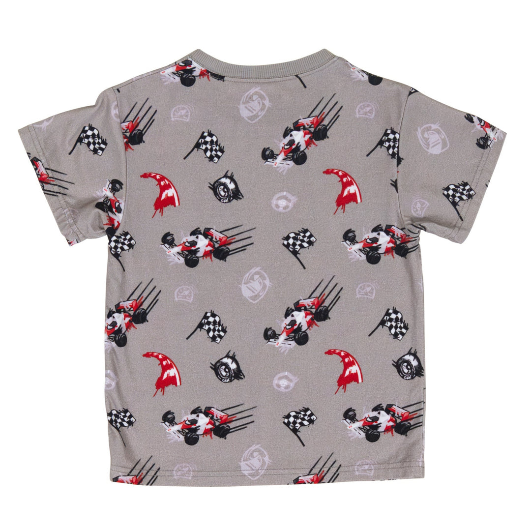 Back view of of the turbocharged 80s open-wheel race car print on soft charcoal fabric - Gearhead Kids