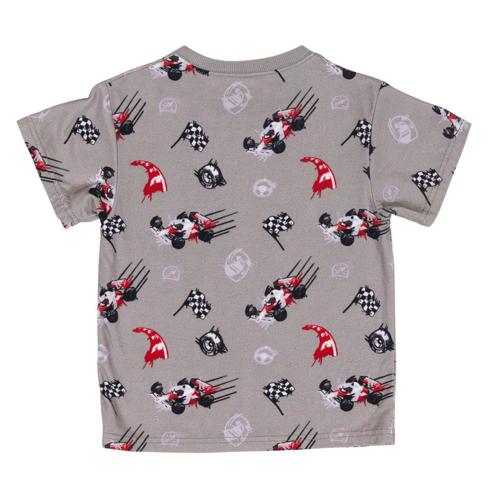 Back view of of the turbocharged 80s open-wheel race car print on soft charcoal fabric - Gearhead Kids