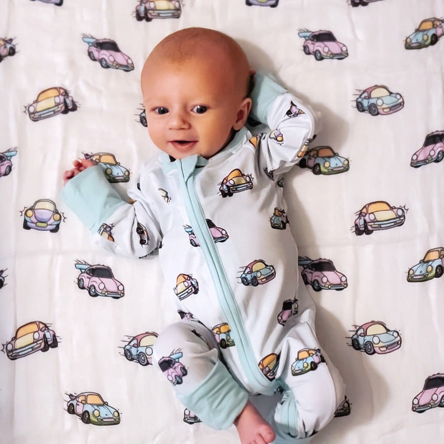 Newborn baby wearing air-cooled Porsche pajamas - Gearhead Kids