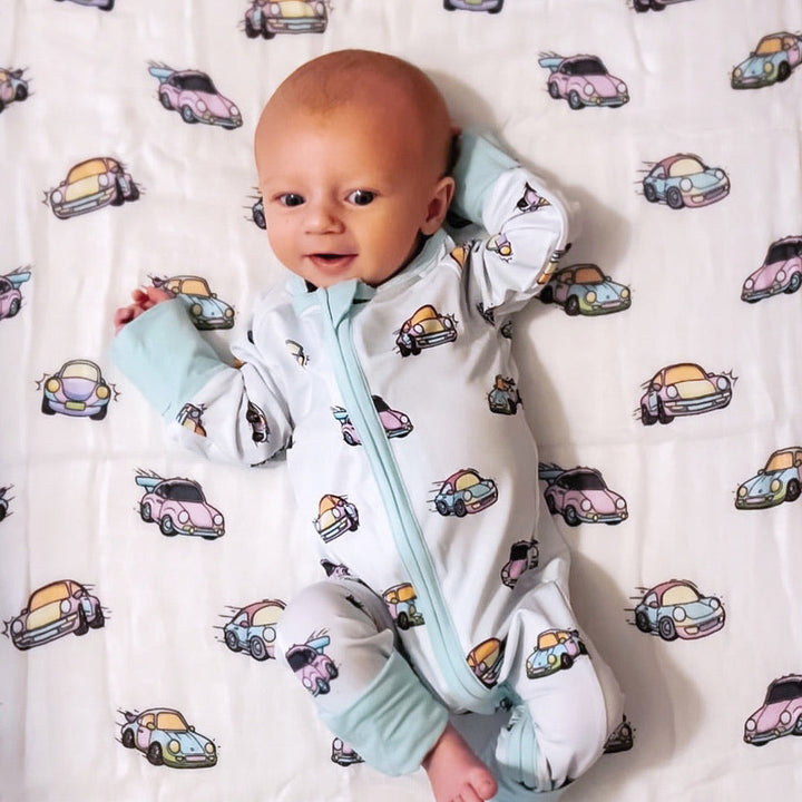 Newborn baby wearing air-cooled Porsche pajamas - Gearhead Kids