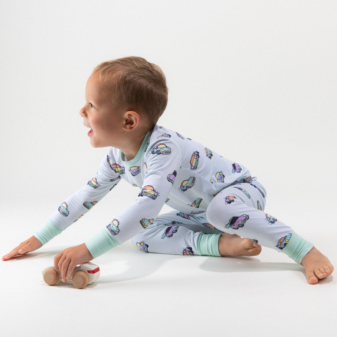 Toddler wearing vintage Porsche inspired bamboo pajamas - Gearhead Kids