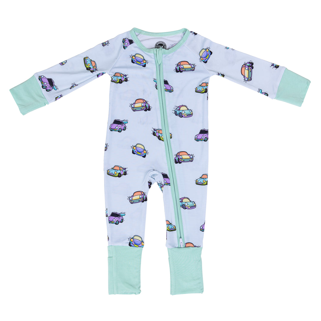 Air-Cooled Porsche baby zipper pajamas, vintage 911 silhouette infant pajams with 2 way zipper and foldover mittens and feet - Gearhead Kids