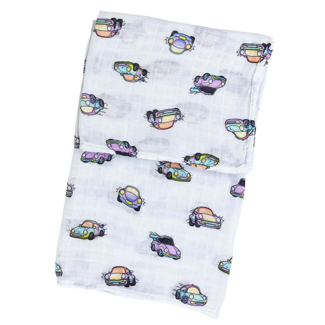 Air-cooled Porsche 911 print muslin swaddle blanket in bamboo and organic cotton - Gearhead Kids