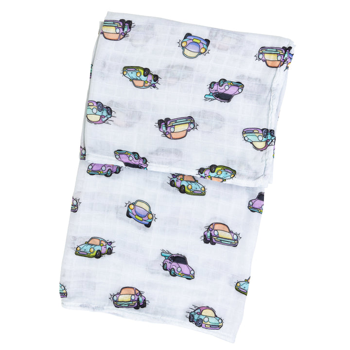 Air-cooled Porsche 911 print muslin swaddle blanket in bamboo and organic cotton - Gearhead Kids