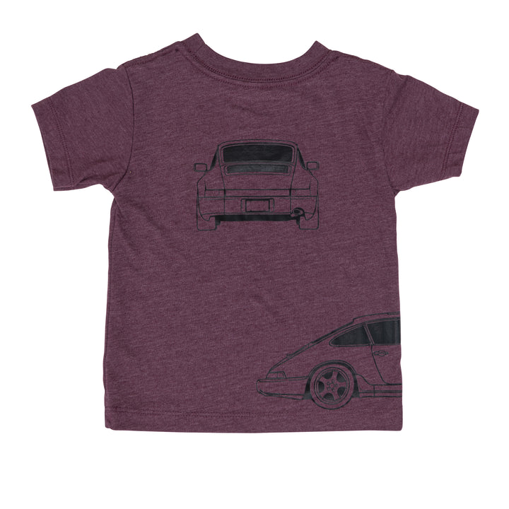 Minimalist Porsche 964 graphic tee in maroon back view - Gearhead Kids
