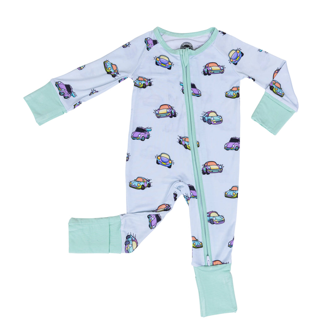 Air-Cooled Porsche baby zipper pajamas, vintage 911 silhouette infant sleeper in bamboo viscose - Gearhead Kids