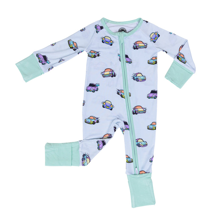 Air-Cooled Porsche baby zipper pajamas, vintage 911 silhouette infant sleeper in bamboo viscose - Gearhead Kids