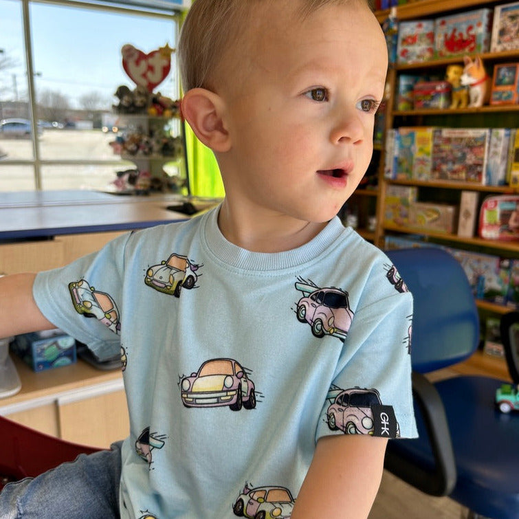 Toddler wearing oversized baby blue Porsche inspired tee in bamboo and organic cotton - Gearhead Kids