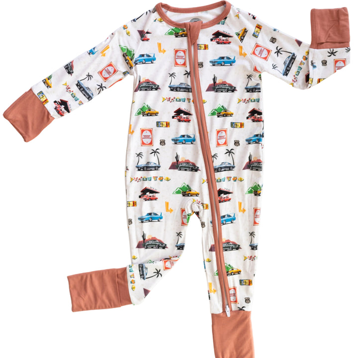 2-way zipper on muscle car print baby zippy for easy changes and convertible fold-over foot cuffs - Gearhead Kids
