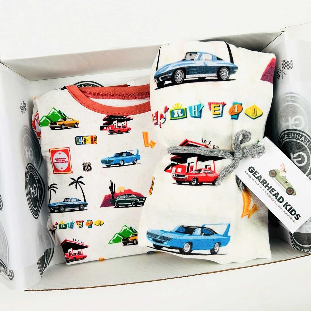 American Muscle Car Muslin Bamboo blanket and matching pajamas for baby - Gearhead Kids