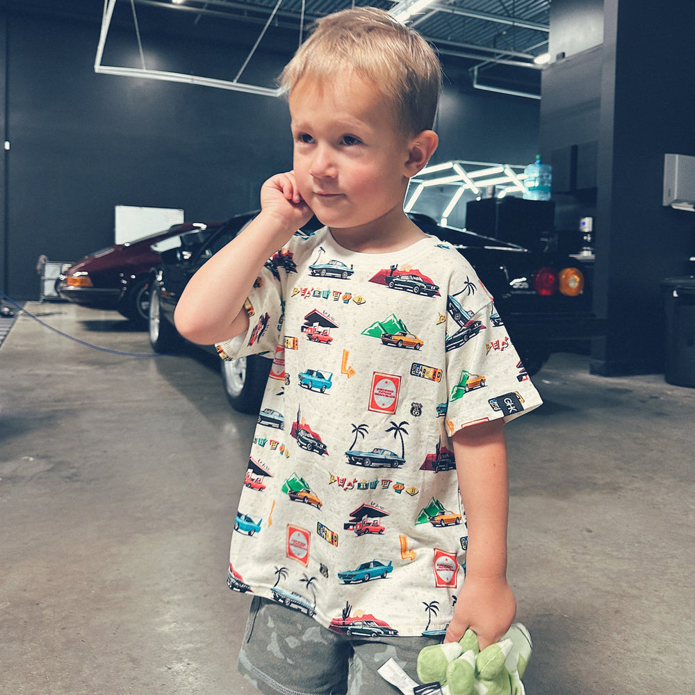 Toddler  wearing American muscle car t-shirt featuring Plymouth Superbird and Corvette C2 graphic - Gearhead Kids