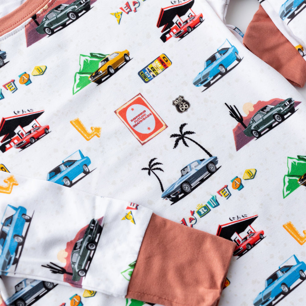 Detail of Plymouth Superbird "Winged Warrior" design on soft bamboo kids pajamas - Gearhead Kids