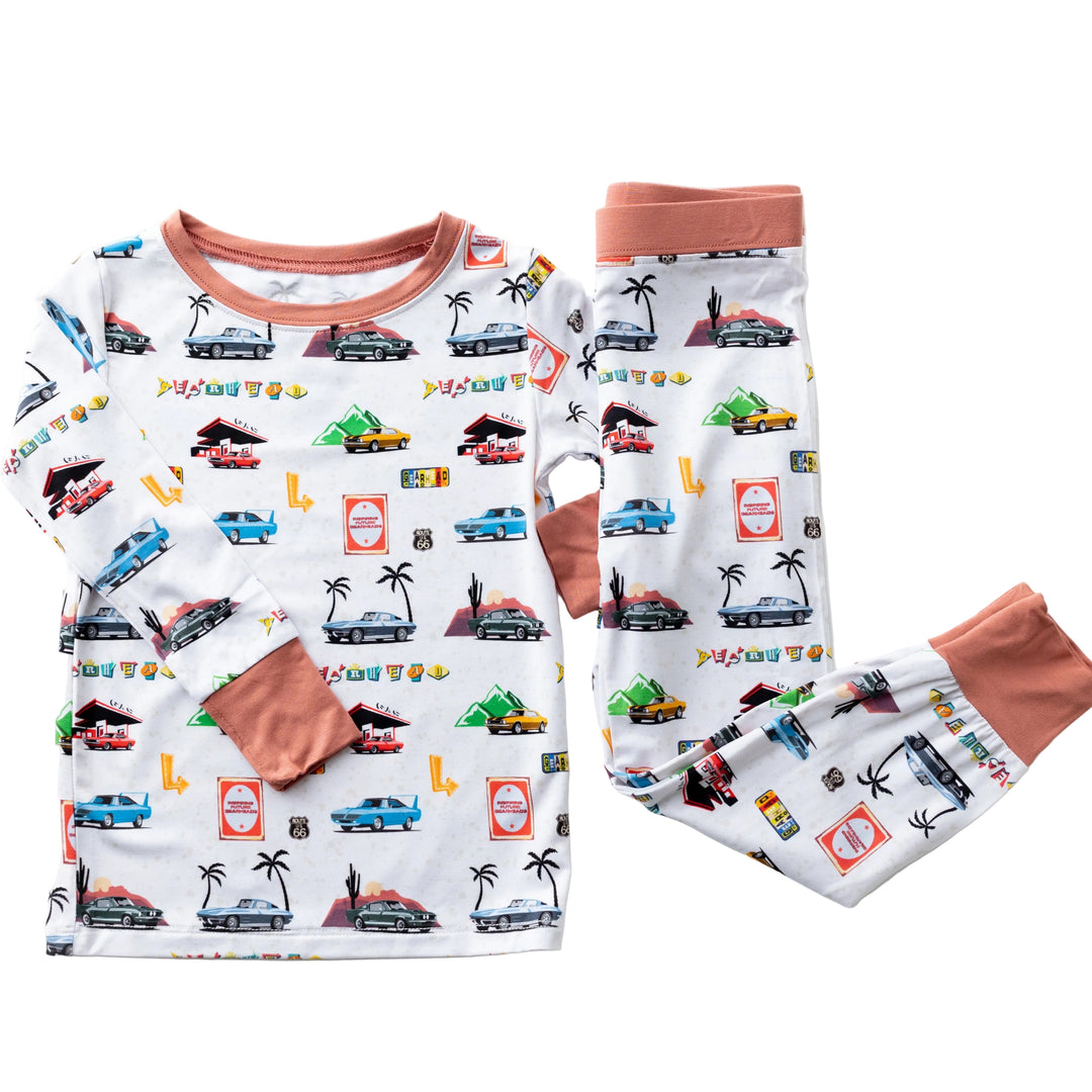 American Road Trip kids bamboo pajamas featuring Plymouth Superbird, Mustang Fastback, and Corvette C2 print - Gearhead Kids