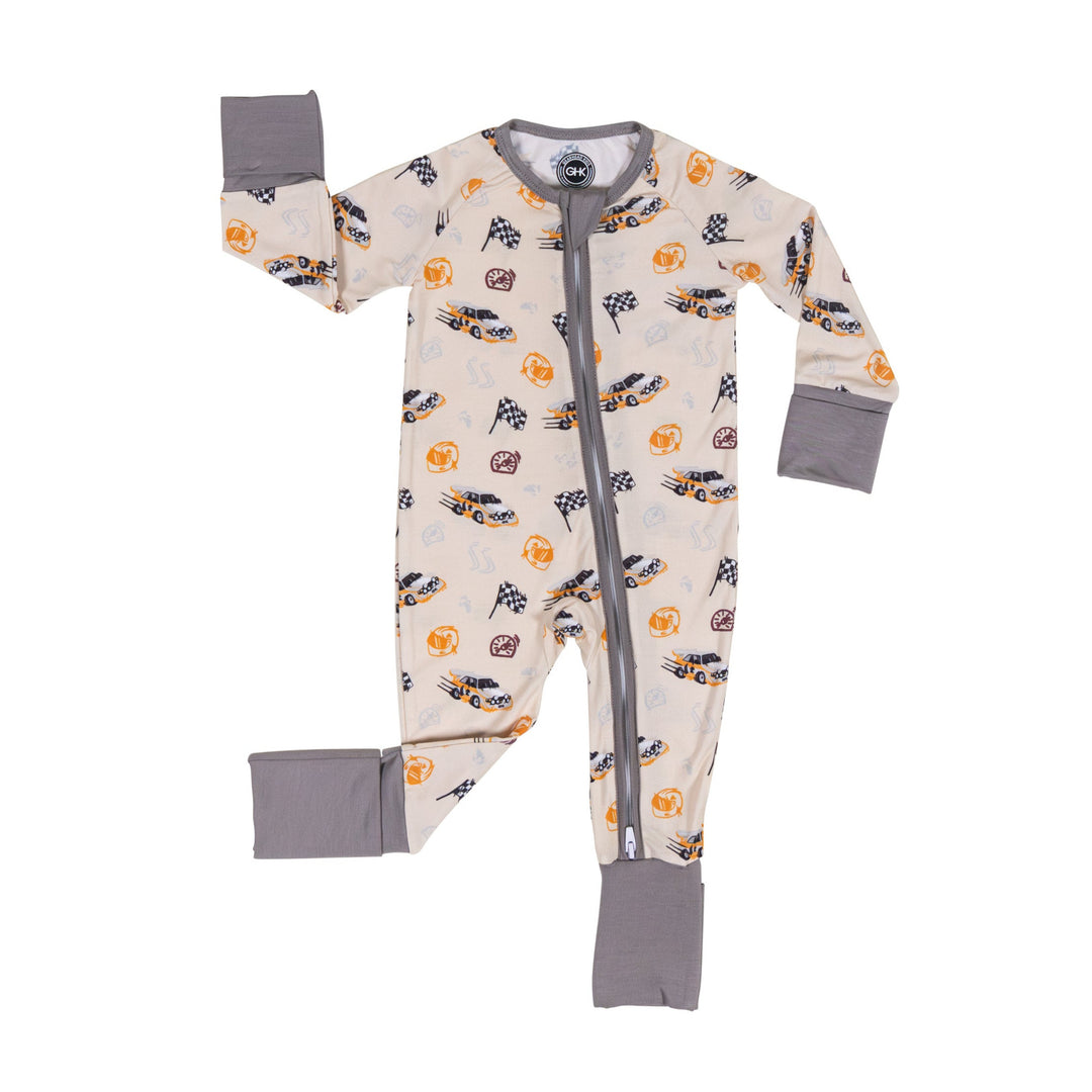 Rally Legend baby zipper pajamas featuring Audi Quattro S1 Group B rally car print in white and yellow - Gearhead Kids