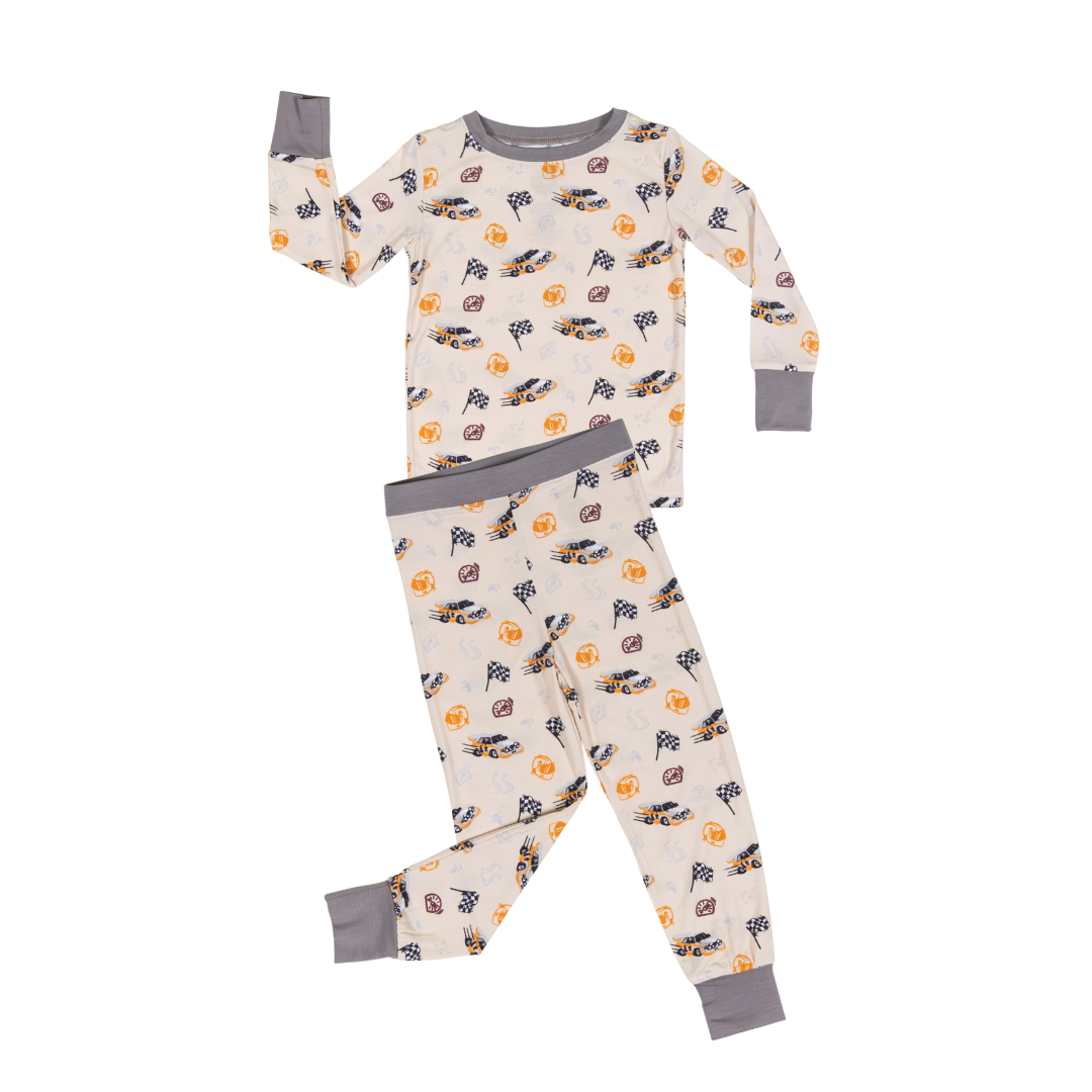 Rally Legend 2pc bamboo pajamas featuring Audi Quattro S1 Group B rally car - white and yellow livery and racing flags - Gearhead Kids