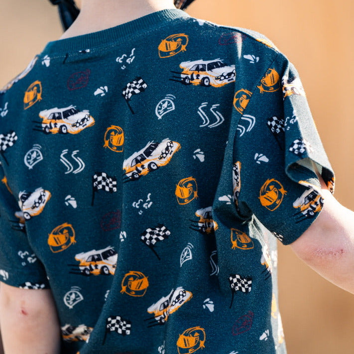 Close-up of the iconic Audi S1 E2 rear wing silhouette on a soft kids graphic tee - Gearhead Kids