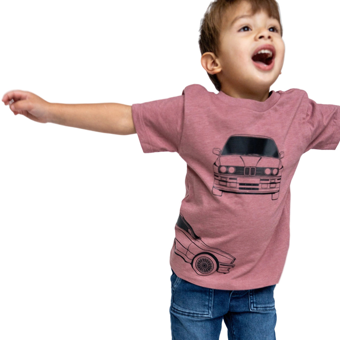Young car fan wearing an E30 M3 triple-profile graphic tee in mauve - Gearhead Kids