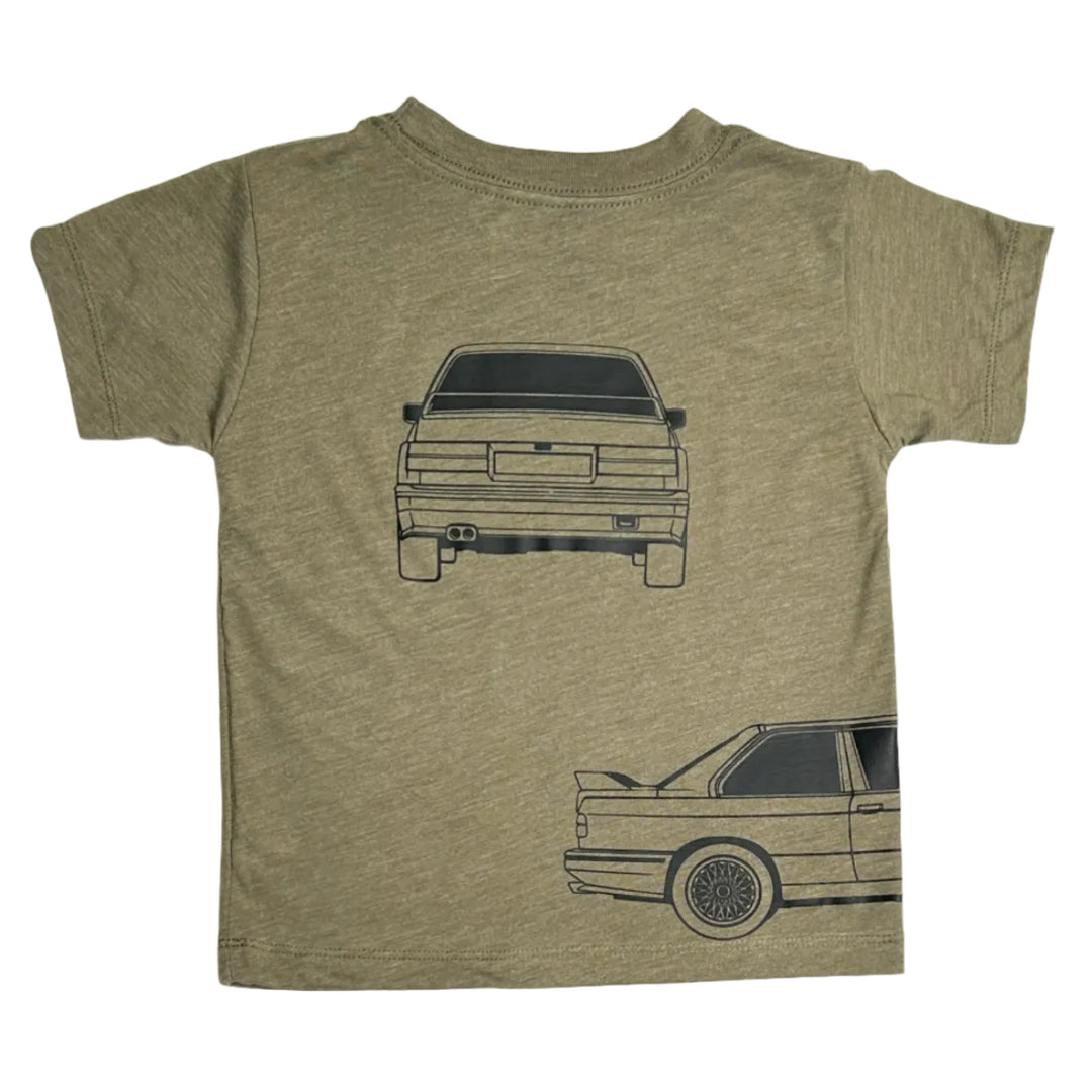 Hand-pressed BMW M3 silhouette on a high-quality kids t-shirt in olive - back view - Gearhead Kids