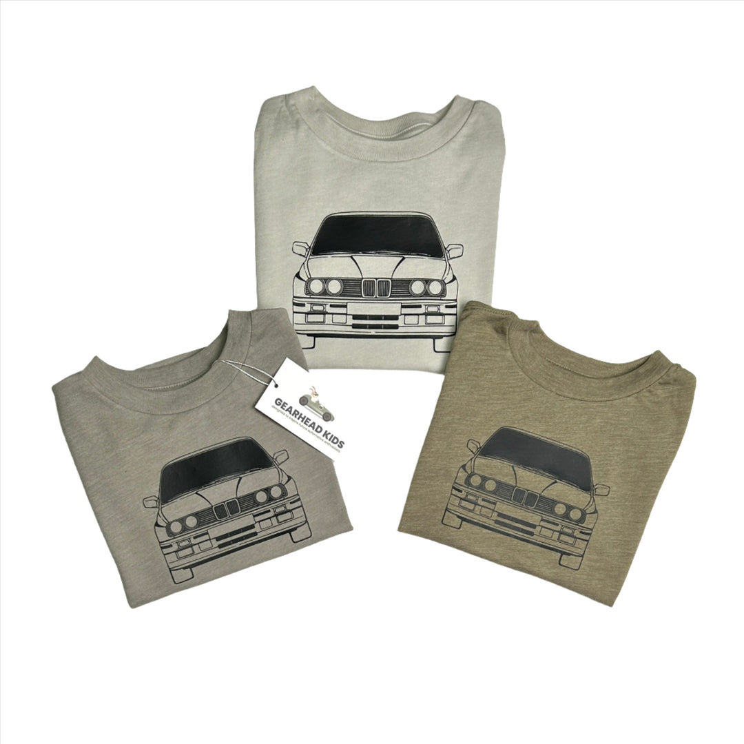 BMW E30 M3 Outline t-shirt featuring front, back, and side car profiles in olive, dust and sand - Gearhead Kids