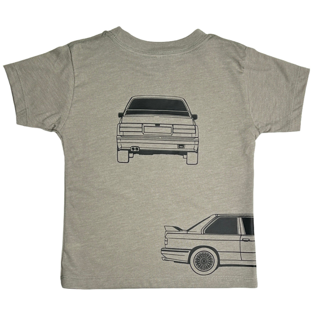 Hand-pressed BMW M3 silhouette on a high-quality kids t-shirt - back view - Gearhead Kids