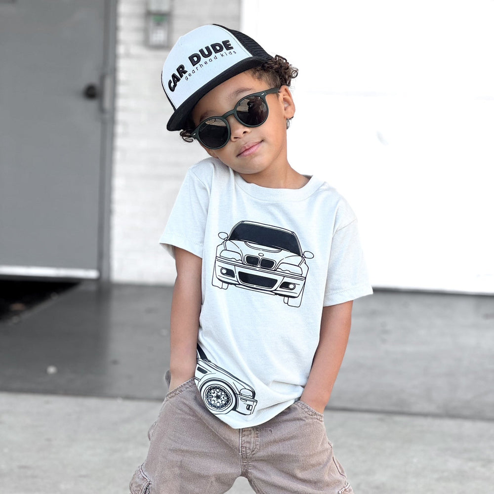 Little boy wearing a BMW E46 M3 T-Shirt in Dust - Gearhead Kids - Automotive apparel for Kids