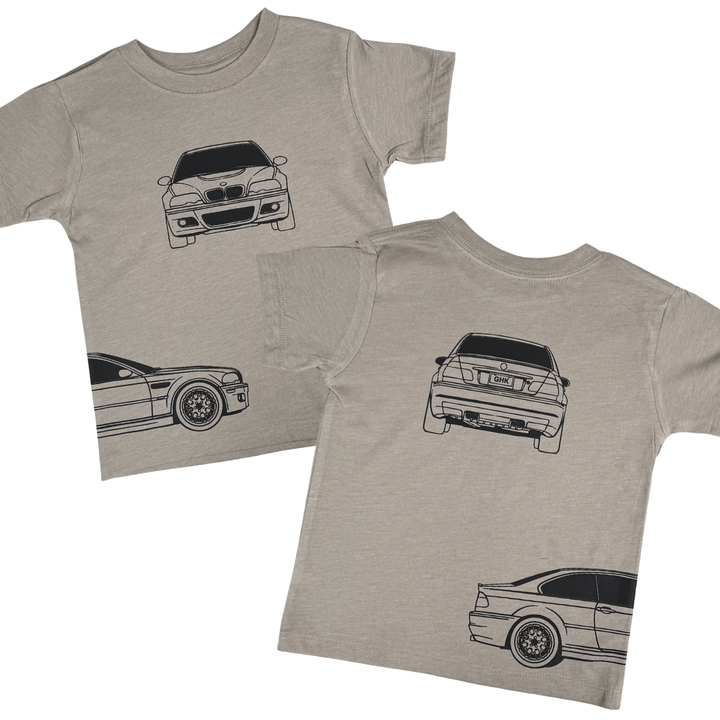 BMW E46 M3 T-Shirt for kids featuring the front, back and side profiles -  Stone Color | Gearhead Kids - car clothes for kids