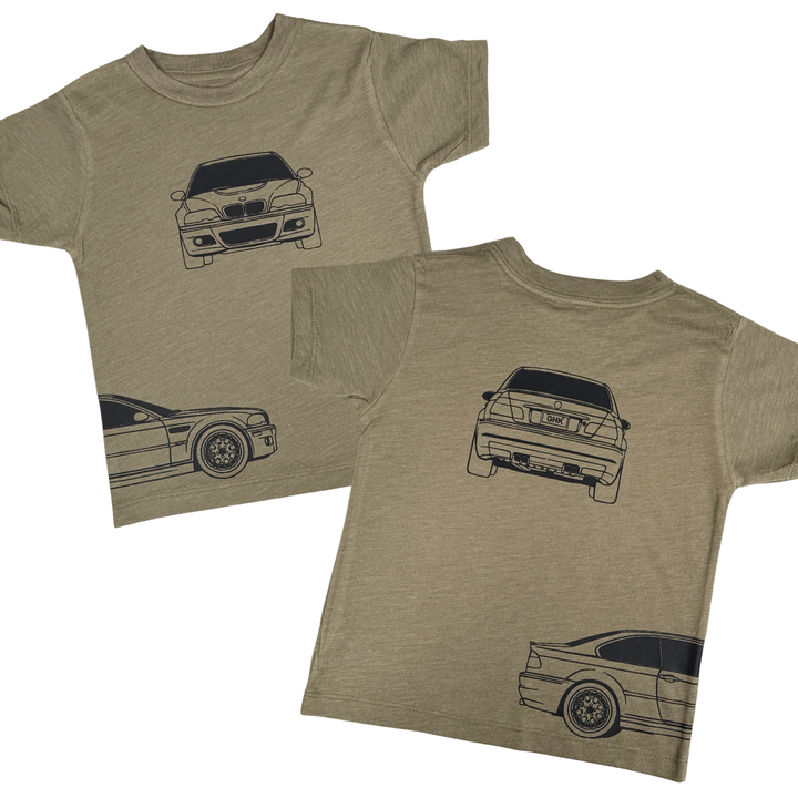 BMW E46 T-Shirt for kids featuring the front, back and side profiles - Olive Color | Gearhead Kids -  Car Apparel For Kids