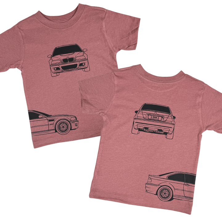 BMW E46 T-Shirt for kids featuring the front, back and side profiles - Mauve Color | Gearhead Kids - Automotive clothes for kids