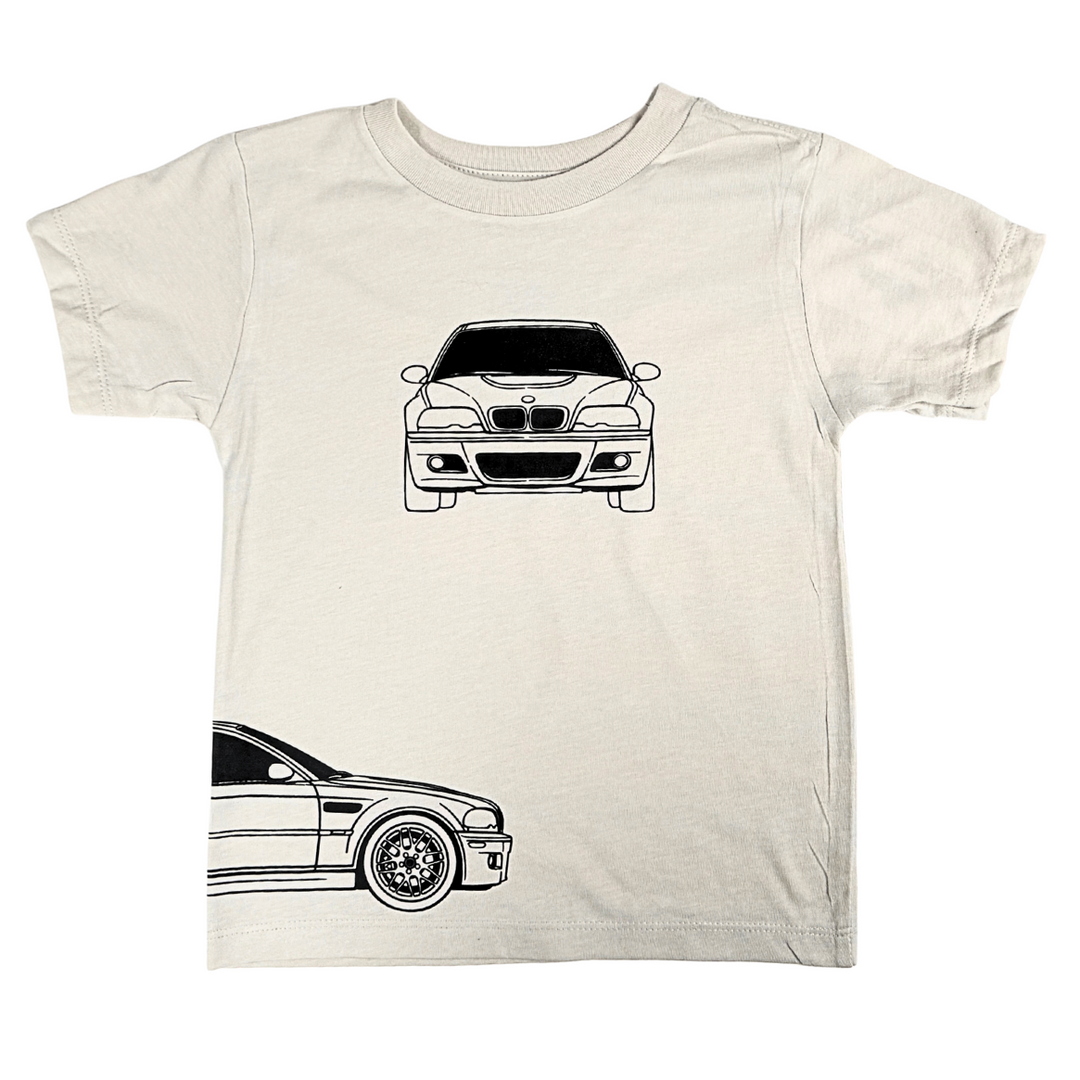 BMW E46 T-Shirt for kids featuring the front, back and side profiles - Dust Color | Gearhead Kids - Automotive clothes for kids
