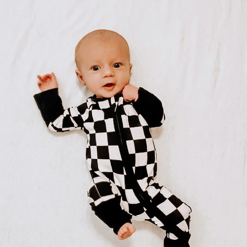 Baby in black and White checkered zipper bamboo pajamas - Gearhead Kids