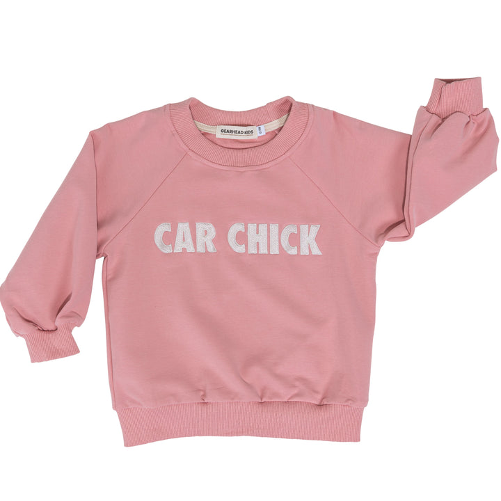 Kids embroidered CAR CHICK organic cotton sweatshirt in pink - Gearhead Kids