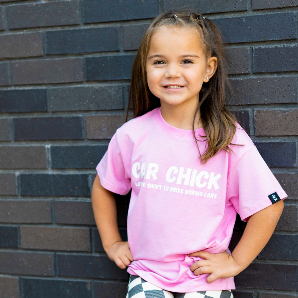 Girls pink t-shirt with white "CAR CHICK" block lettering - Gearhead Kids