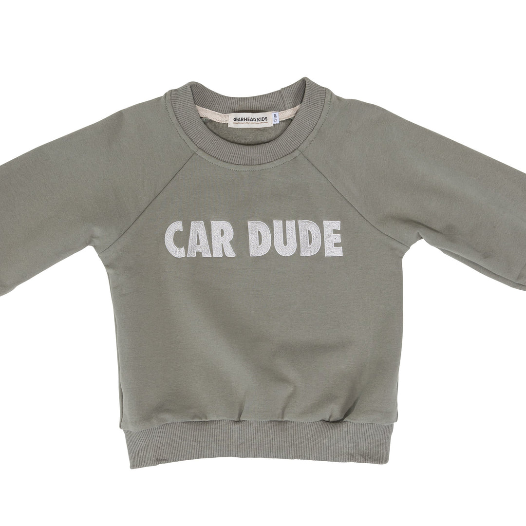 Kids embroidered CAR DUDE organic cotton sweatshirt in sage green - Gearhead Kids