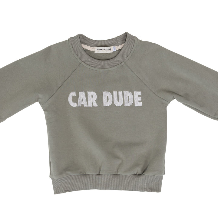 Kids embroidered CAR DUDE organic cotton sweatshirt in sage green - Gearhead Kids