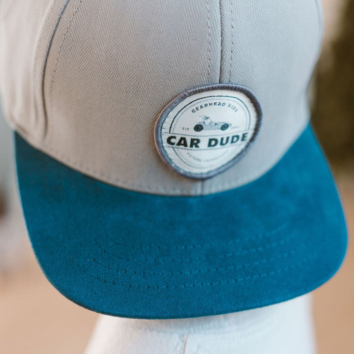 Kids CAR DUDE patch snapback hat with navy suede brim and gray panels - Gearhead Kids
