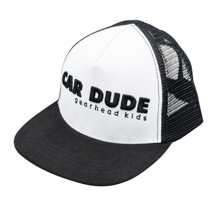 Kids CAR DUDE embroidered snapback hat in black and white - Gearhead Kids