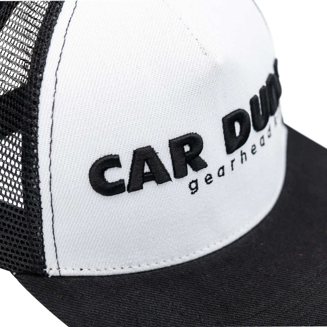 Close-up of black high-density CAR DUDE embroidery on white panel - Gearhead Kids
