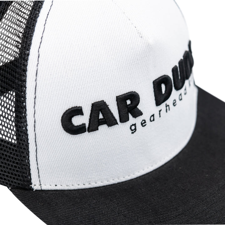 Close-up of black high-density CAR DUDE embroidery on white panel - Gearhead Kids