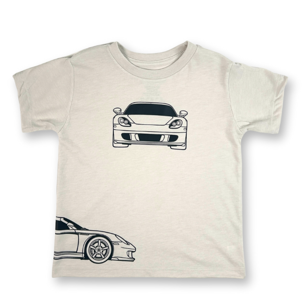 Hand-pressed DTF minimalist Carrera GT silhouette on a premium kids t-shirt in dust color - front view -  Gearhead Kids