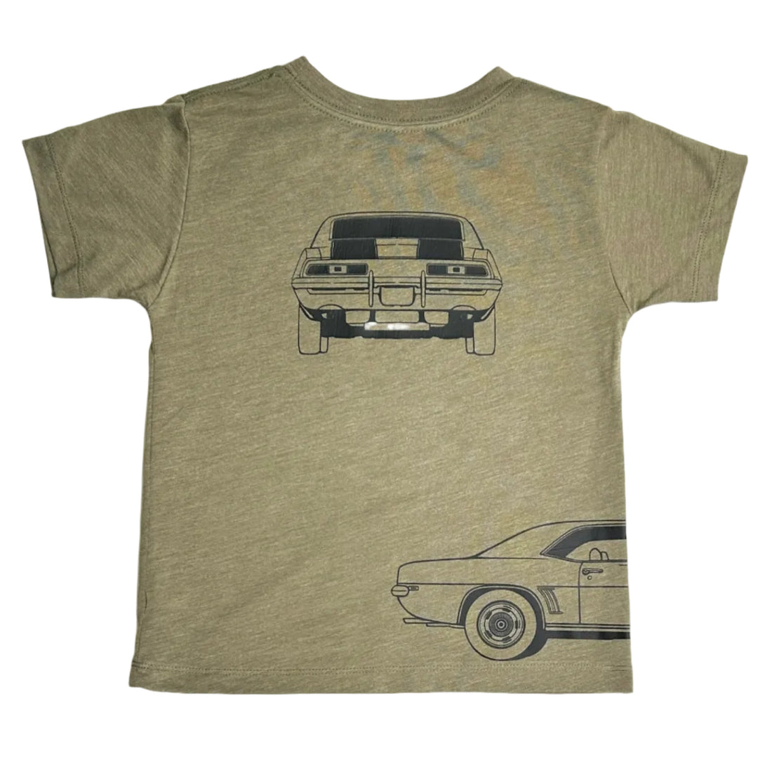 Minimalist Chevy Camaro Z28 American Muscle Car graphic t-shirt in vintage olive - Gearhead Kids