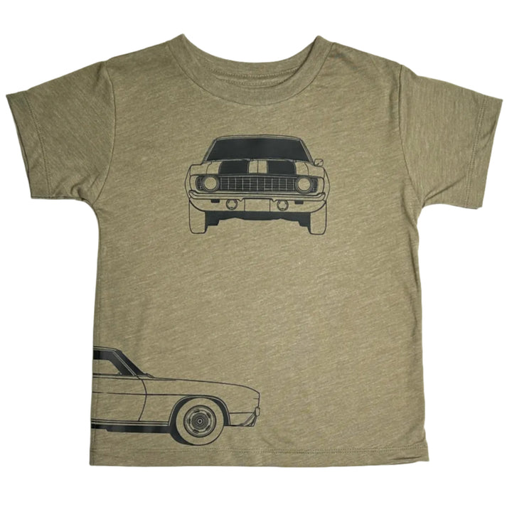 Camaro Z28 Outline t-shirt with front, back, and side car profile graphics in olive - Gearhead Kids