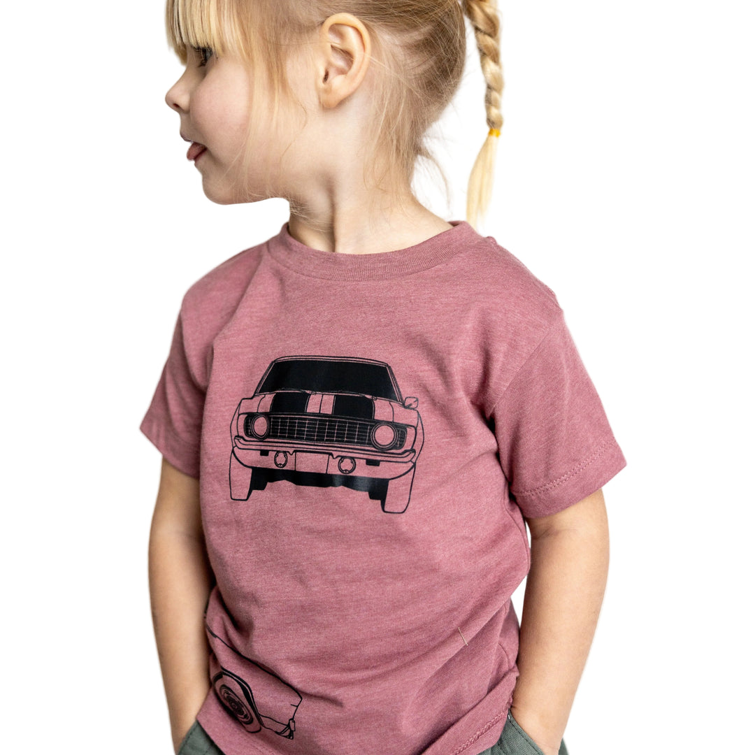 Little girl wearing a classic Camaro Z28 triple-profile blueprint tee - Gearhead Kids