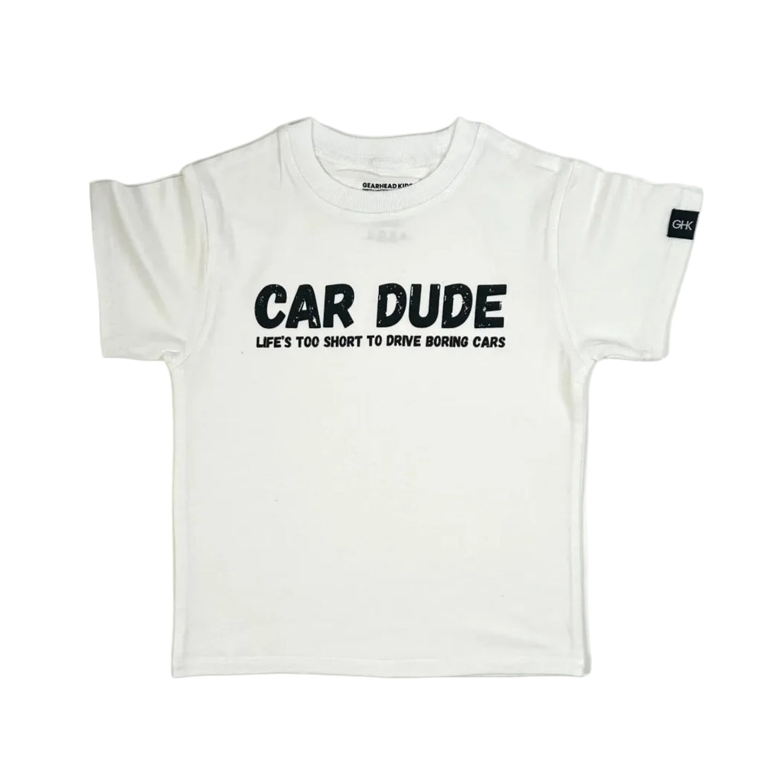 White t-shirt with 'CAR DUDE' text and 'Life's too short to drive boring cars' on a white background - Gearhead Kids