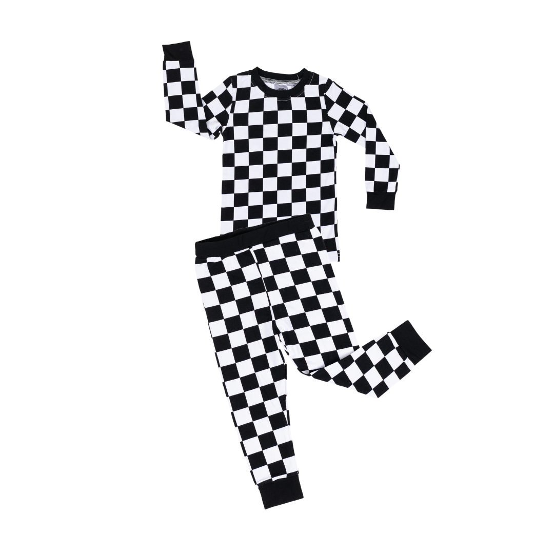 Long sleeve checkered bamboo pajamas for little car enthusiasts - Gearhead Kids
