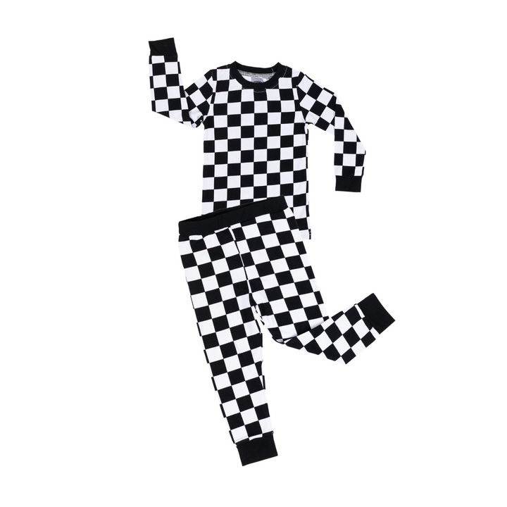 Long sleeve checkered bamboo pajamas for little car enthusiasts - Gearhead Kids