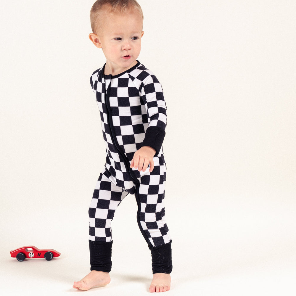 Little car enthusiast in checkered zipper bamboo pajamas -  Gearhead Kids