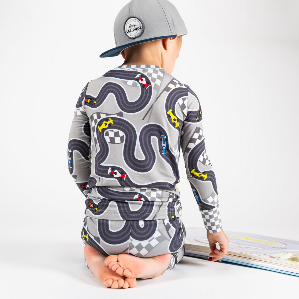 Back view of Circuit Dreamer 2pc kids pajama set showing the continuous track print - Gearhead Kids