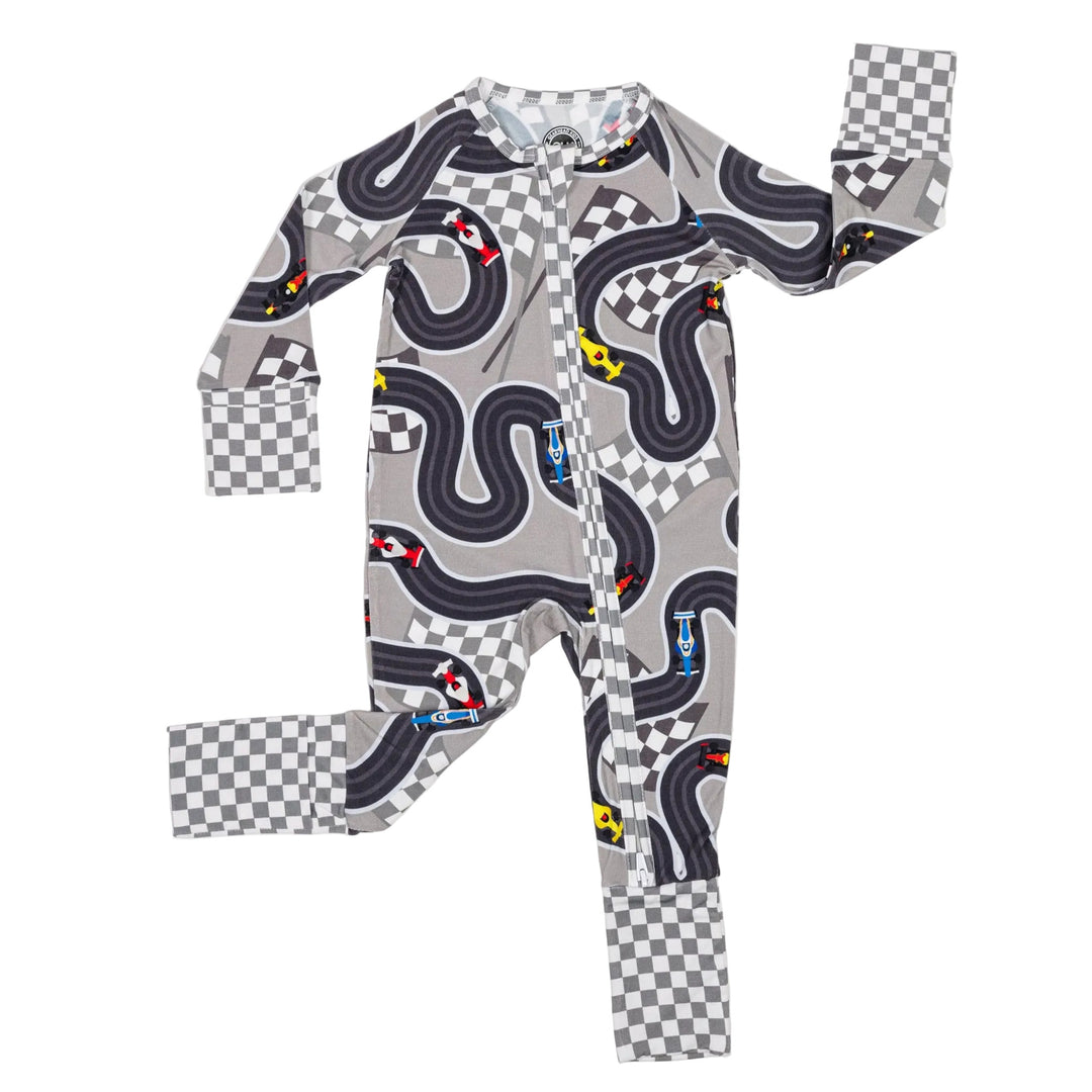 Flatlay of Circuit Dreamer  zipper baby pajama showing the continuous track print - Gearhead Kids