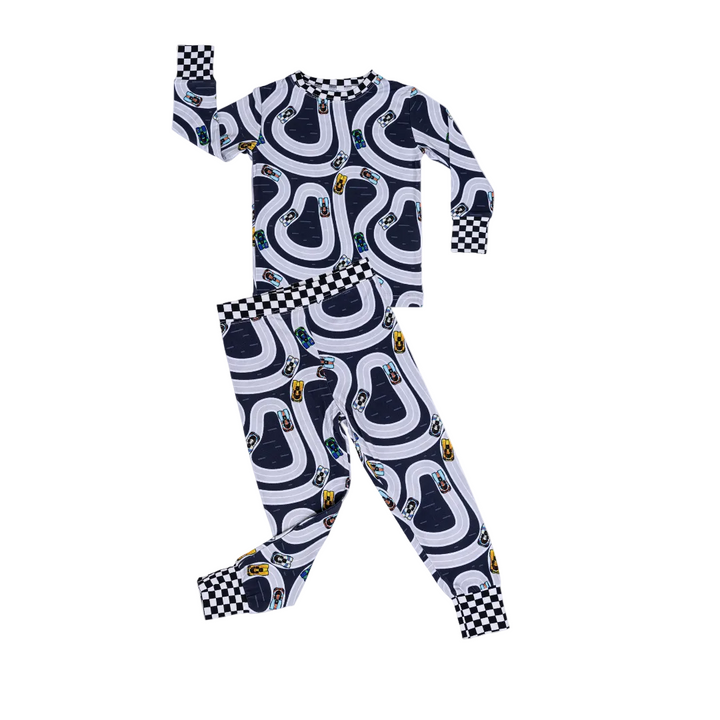 Day at the Track baby pajamas featuring Porsche 917 race cars in iconic Gulf blue and Martini green liveries - Gearhead Kids