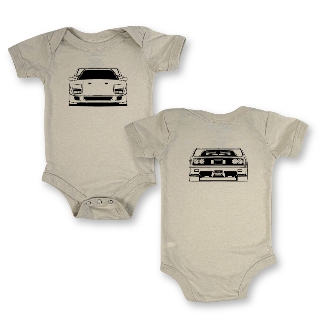 Ferrari F40 Onesie in Dust featuring front and back outline of the Italian Supercar | Gearhead Kids - car clothes for babies